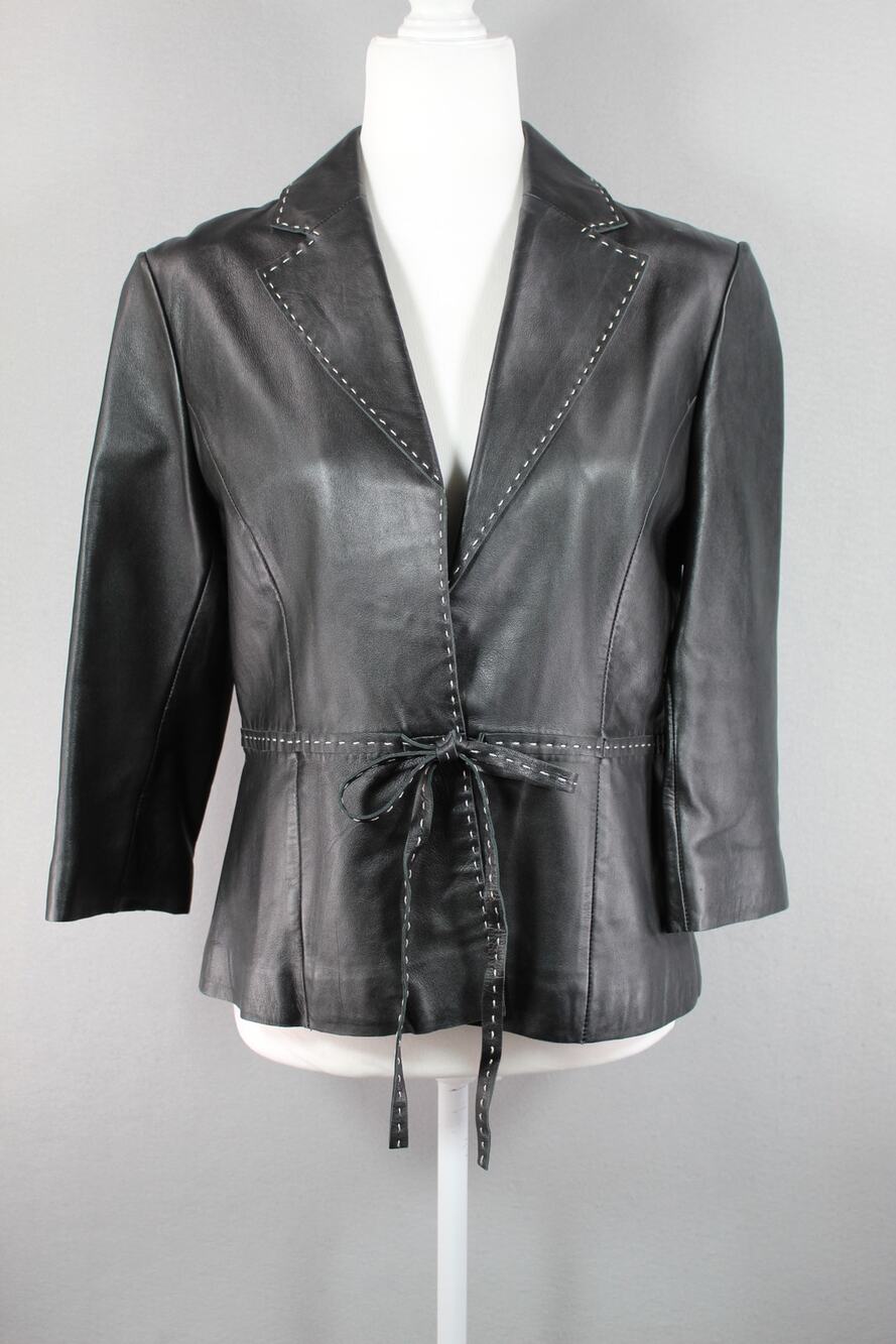 Vintage Vakko Sport Black Whipstitch Leather Jacket Women's Small Tie Belt Y2K